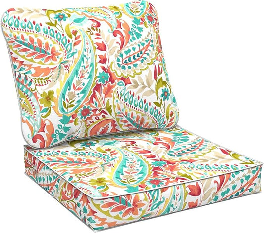 Outdoor Deep Seat Cushions Set 24 x 24 Inch for Patio Furniture,Water Resistant Chair Cushions Replacement Includes Seat Cushion & Back Pillow for Couch Sofa, Wicker Chair - Pretty Paisley