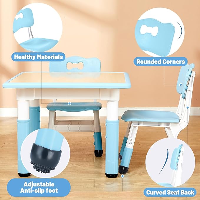 FUNLIO Adjustable Kids Chair (2pcs), 3 Level Height Adjustable Toddler Chair for Ages 3-8, Sturdy Child Chair with Maximum Bearing 220lbs, for Classrooms/Daycares/Homes, CPC & CE Approved - Blue