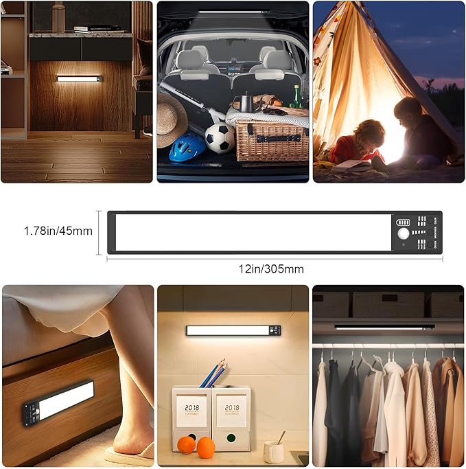 YELKO Motion Sensor Cabinet Lights, 3200mAh Battery Operated Closet Light, Portable Rechargeable Motion Lights, 3 Colors, 5 Brightness Adjustable Motion Lamp for Kitchen Wardrobe Cupboard(Two Pack)