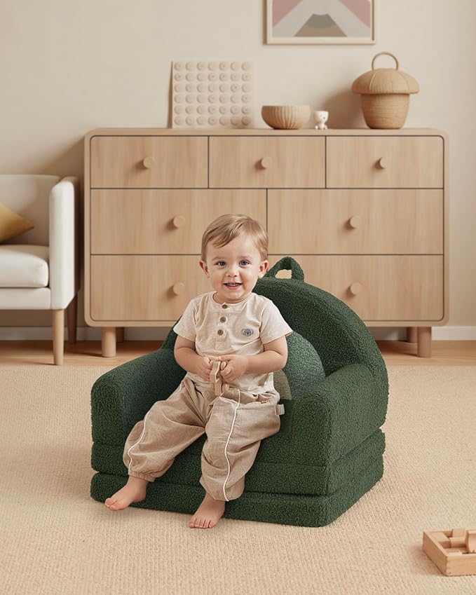 Blissful Diary Foldable Toddler Couch, 2-in-1 Comfy Toddler Chair & Lounger for Reading, Nap, Playroom, Kids Couch Sofa for 1 2 3+ Year Old Girls Boys Birthday Gift, Dark Green Arclet