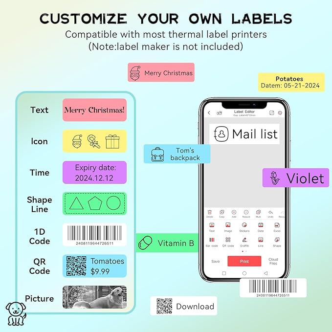 Label Maker Tape Refill 12mm 0.47, Standard Laminated Thermal Label Tape Replacement, 0.47"×1.57"(12×40mm) 1650 Labels/10Rolls/Pack, High Definition Labeling Tape for Home Office School Hotel