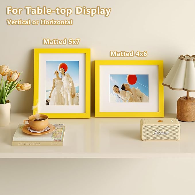 KINLINK 8x10 Picture Frame Yellow, Solid Wood Frames with Acrylic Plexiglass for Pictures 4x6/5x7 with Mat or 8x10 without Mat, Tabletop and Wall Display Photo Frame, Set of 4