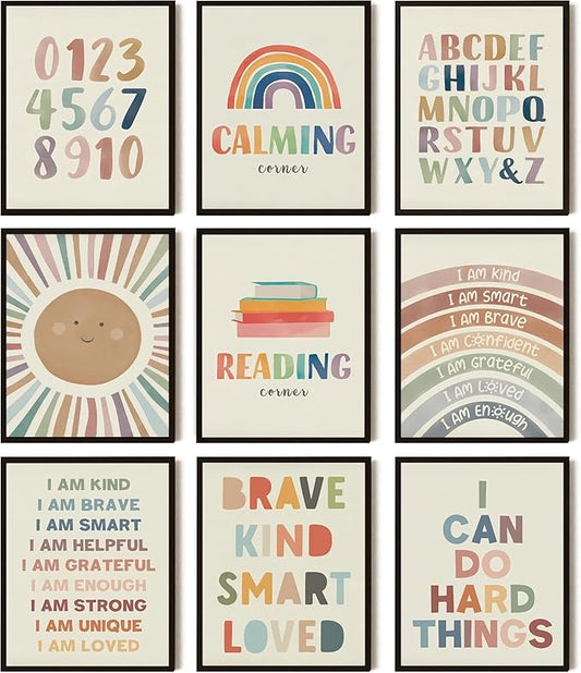 Baby Alphabet Wall Art Set of 9, 1 2 3 number Rainbow Canvas Posters Prints, Kids ABC Positive Affirmation Wall Decor Paintings for Kids Room Nursery Bedroom Home Decor 8x10In Unframed
