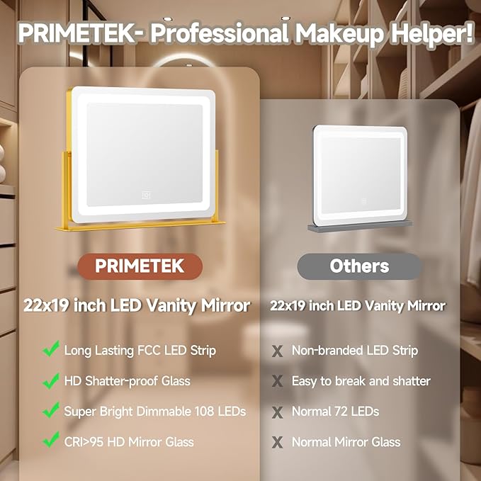 PRIMETEK Vanity Mirror with Lights, 22"x19" Large Makeup Mirror with Lights, Hollywood LED Lighted Makeup Mirror, Touch Sensor with 3-Color Lighting, Dimmable for Vanity Desk Tabletop, Bedroom, Gold