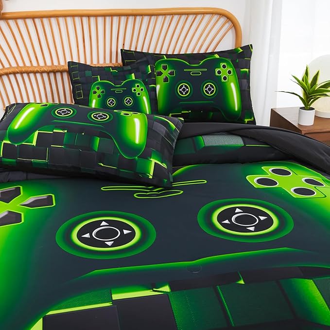 PERFEMET 6 Pieces Twin Gaming Bedding Set Green Game Console Kids Bed in A Bag 3D Black Gamer Comforter Set with Sheets for Boys Teen Lightweight Gamepad Bedroom Set(Green, Twin)