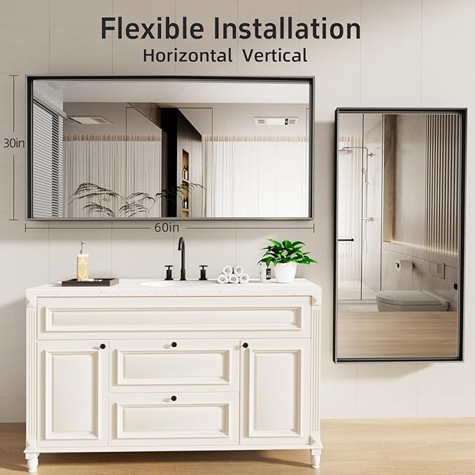 60x30 Inch Black Bathroom Mirrors for Over Sink, Rectangle Framed Mirrors, Vanity Mirror for Bathroom, Anti-Rust, Tempered Glass, Wall-Mounted Large Wall Mirror (Horizontal/Vertical)