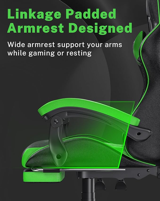 Gaming Chair with Footrest, High Back Ergonomic Computer Gamer Chair with Headrest and Lumbar Support, Racing Style Reclining Game Chair for Adults, Kids (Green-Black)