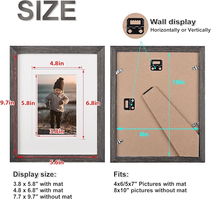 KINLINK 8x10 Picture Frame Ash Black, Solid Wood Frames with Acrylic Plexiglass for Pictures 4x6/5x7 with Mat or 8x10 without Mat, Tabletop and Wall Display Photo Frame, Set of 4