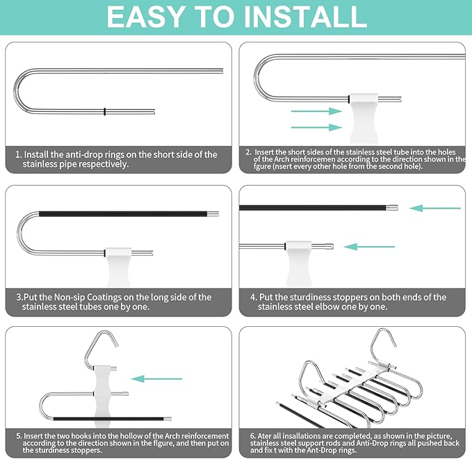 Upgrade 6 Layers Pants Hangers Space Saving, 2Pack Stainless Steel Multifunctional Rack Non Slip S-Type Clothes Jean Hanger Closet Organizer for Jeans Leggings Trousers Skirts Scarf, White