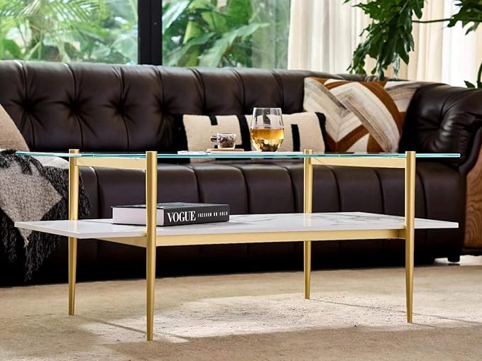 Shrine Rectangle Coffee Table, Mid-Century Modern Design, 2-Tier Structure, Clear Glass Top and White MDF Shelf, 41" D x 21" W x 17" H, Sleek Conical Metal Legs with Gold Finish
