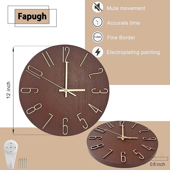 Faupugh 12 inch Silent Wall Clock, Battery Powered Wall Clock Suitable for Home, Office, Kitchen, School, Bedroom, Living Room (Retro Brown)