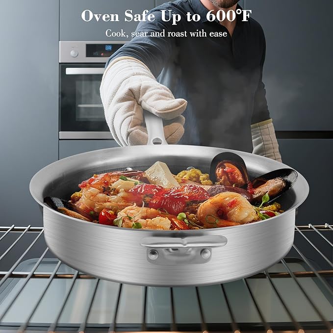 12 Inch Frying Pan with Lid Saute Pan 5.2 QT Deep skillet for Stir-Fry & Searing, Tri-ply Stainless Steel Nonstick Non Toxic Non Toxic, PTFE&PFOA Free, Induction, Oven & Dishwasher Safe