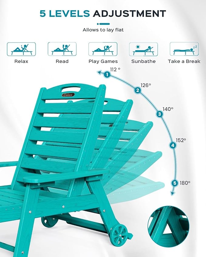 Outdoor Chaise Lounge Chair Set of 2, Patio Lounge Chairs for Outside, HDPE Lounge Chair with Wheels & Cup Holder, Poly Chair with 5 Position for Poolside, Deck, Lake Blue