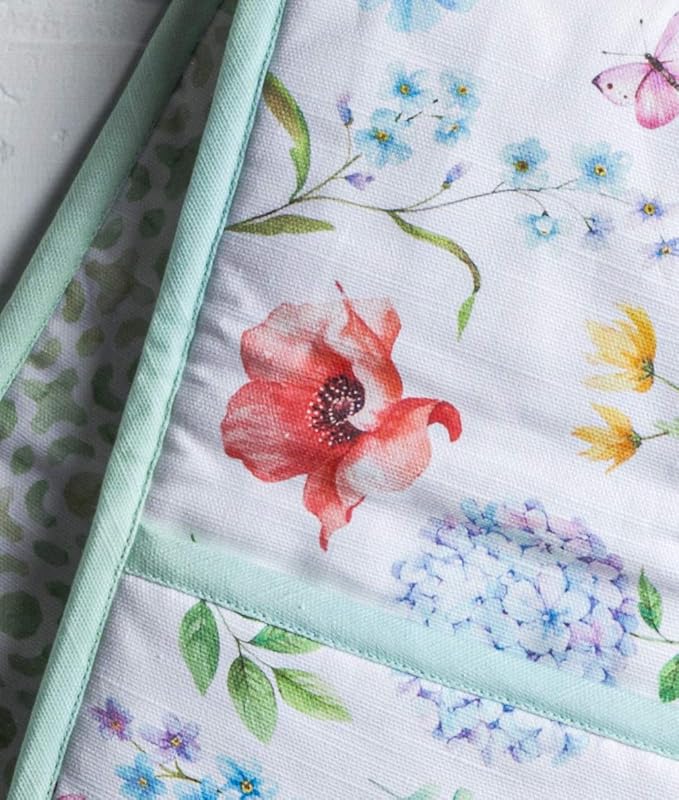 Maison d' Hermine Double Oven Mitts 100% Cotton 7"x35" Double Oven Mitt Heat Resistant BBQ Cooking Gloves with Loop, Baking, Grilling, Home, Kitchen, Handling Hot Pans Spring Summer (Just Floral).