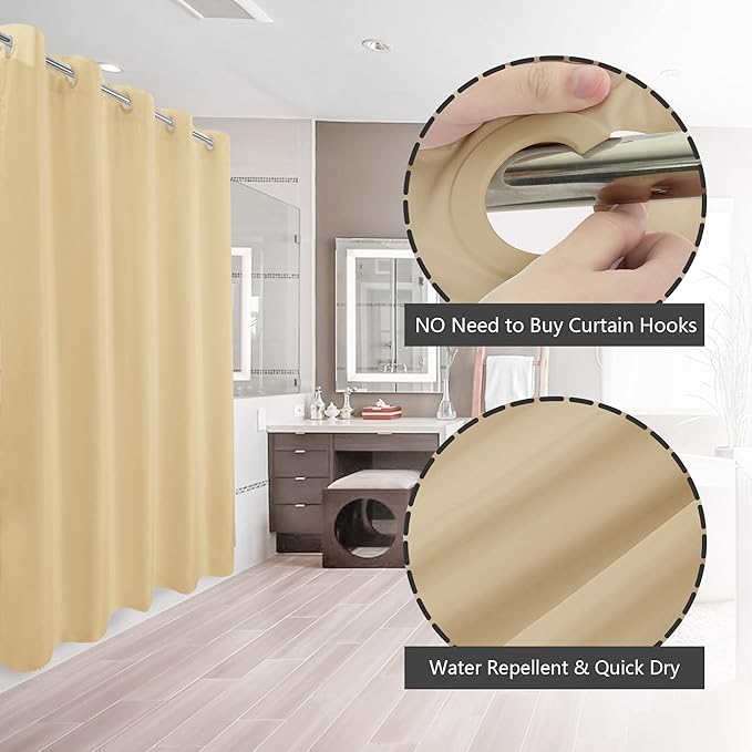 Extra Long No Hook Beige Shower Curtain or Liner - Soft Microfiber 84" Long Fabric Shower Curtain Liner Set, Machine Washable & Water Repellent, Beige, 71x86