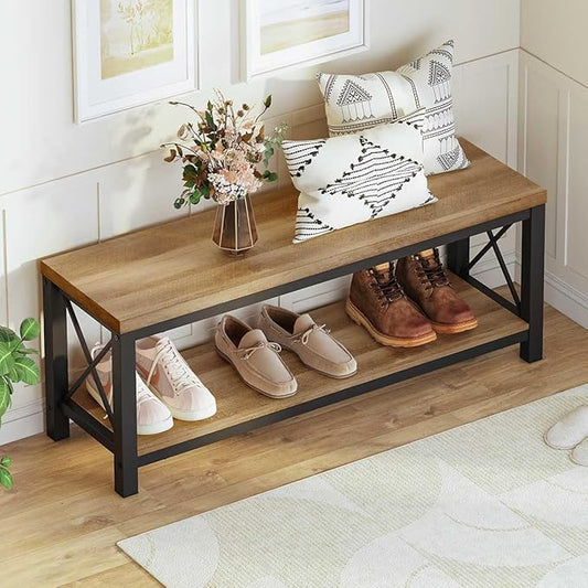 BON AUGURE Entryway Bench, Farmhouse Shoe Benches, Wooden Metal Entry Storage Bench with Shelf for Mudroom, Bedroom, Hall (47 inch Wide, Vintage Oak)