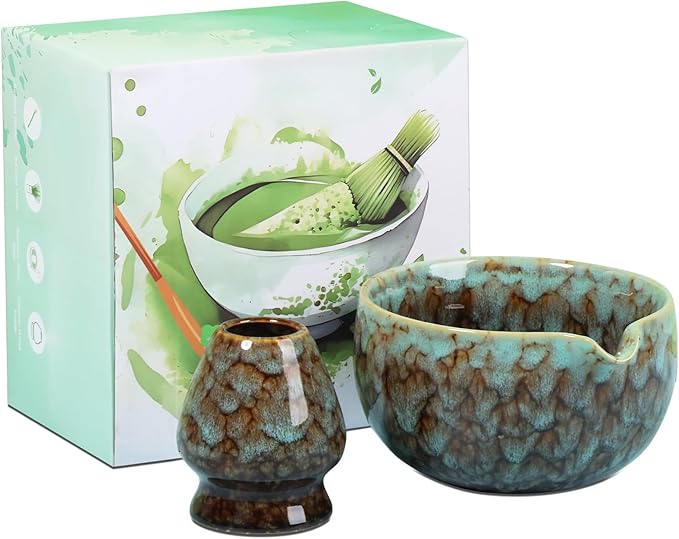 2Pcs Ceramic Matcha Bowl and Whisk Holder Set Easy to Use Tea Bowl and Whisk Stand Easy to Clean Matcha Tea Mixing Tool for Lover.(Kiln turns coffee,2PCS)