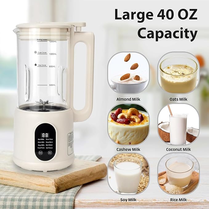 Nut Milk Maker, 8 in 1 Homemade Automatic Plant-Based Milk, Soy Milk, Oat Milk, Almond Milk, Coconut Milk & More, Multifunctional/12 Hours Timer/Auto-Clean/Room Temp/Keep Warm/Boil/Room Temp/Low-Noise