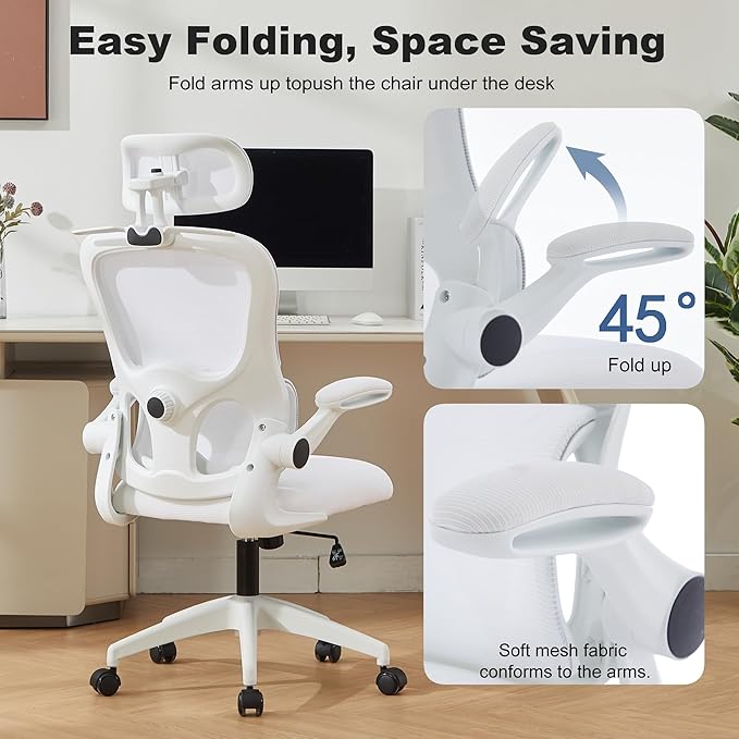 Ergonomic Mesh Office Chair, 400 lbs Capacity, High Back Desk Chair with Adjustable Lumbar Support, 3D Headrest, Flip-Up Armrests, and PU Wheels for Long Workdays and Home Office (White)