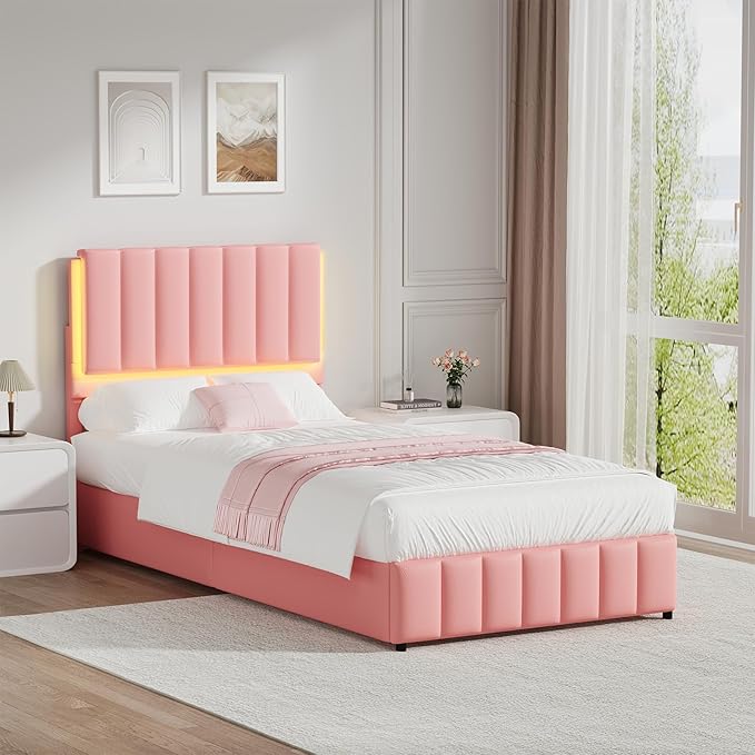 Twin Upholstered Bed Frame with LED Lights, Faux Leather Platform Bed with Headboard and Wooden Slats Support, No Box Spring Needed, Noise-Free, Easy Assembly, Pink