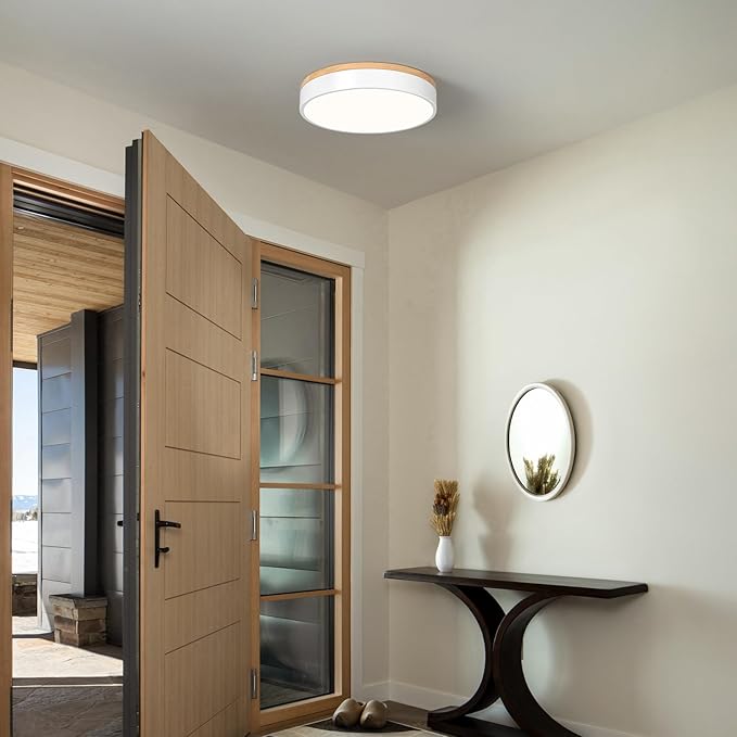 Modern Dimmable LED Close to Ceiling Light Minimalist Wood Oak Flush Mount Ceiling Light Fixture with Lampshade for Bedroom Living Room Bathroom Laundry Room (White-Dimmable, 11.8''/30cm)