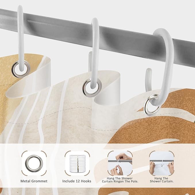 Glawry Beige Green Boho Shower Curtain Mid Century Abstract Plant Tropical Palm Leaf Modern Minimalist Arch Geometric Bathroom 60Wx72L Inches Bath Accessories Art Home Decor Fabric 12 Pack Hooks