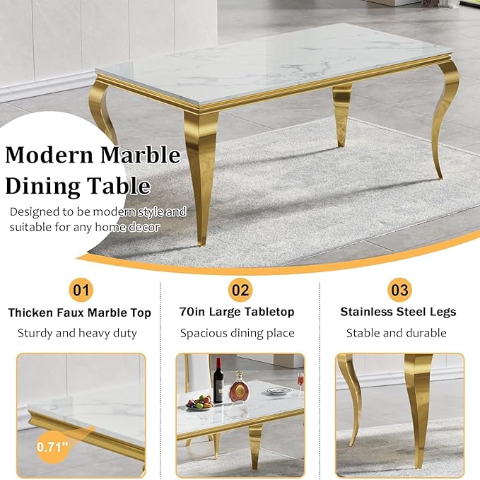 70" Marble Dining Table Set for 6, Modern 7 Piece Dining Room Table Set with White Faux Marble Dining Table & 6 Grey Velvet Upholstered Chairs, Luxury Gold Kitchen Table Chairs Set of 6