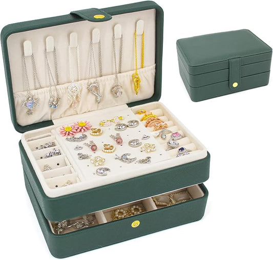KOOAAICCHI Small Jewelry Box, Travel Jewelry Organizer, Portable Jewelry boxes for Women Girls Gift, Double Layers PU Leather Jewelry Holder for Rings, Earrings, Necklaces-Green