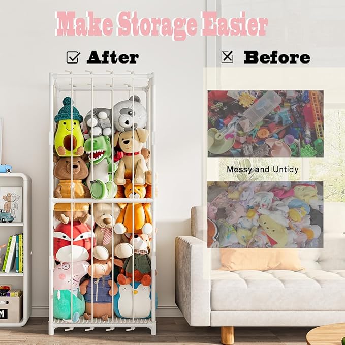 Stuffed Animal Storage Zoo Toy Organizer Corner Chest Plush PVC Material Extra Large Holder Metal Standing Space Save Vertical With Elastic For Nursery Kids Room,White（Medium） (White, Medium)