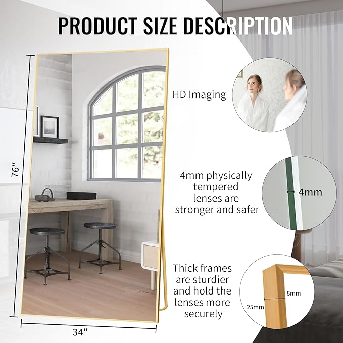 Beauty4U 76" x 34" Large Full Length Mirror with Stand, Gold Wall Mounting Full Body Mirror, Metal Frame Full-Length Mirror for Living Room, Bedroom