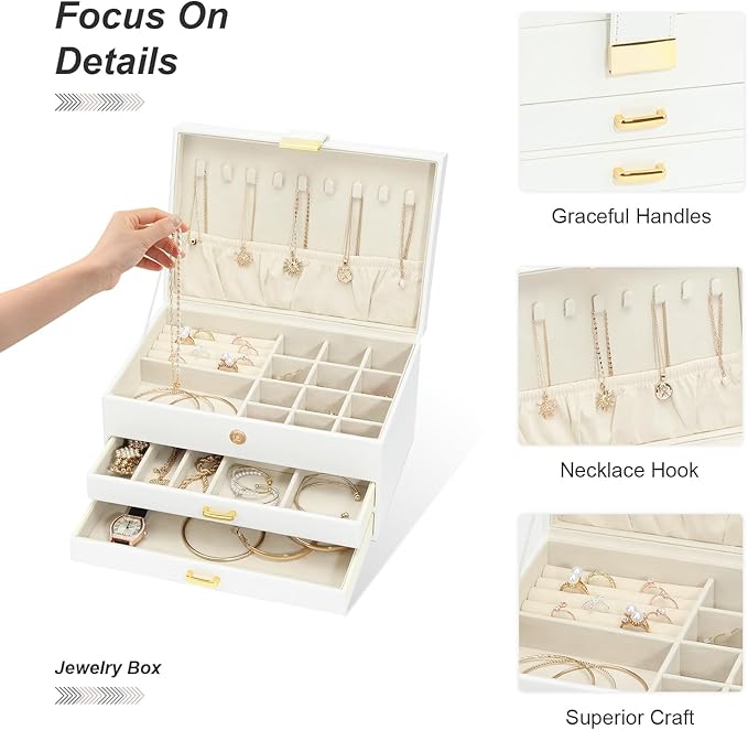 Jewelry Organizer Box for Women Girls, 3-Layer Jewelry Case with 2 Drawers Jewelry Storage Box for Ring Earrings Bracelets Necklaces(White)
