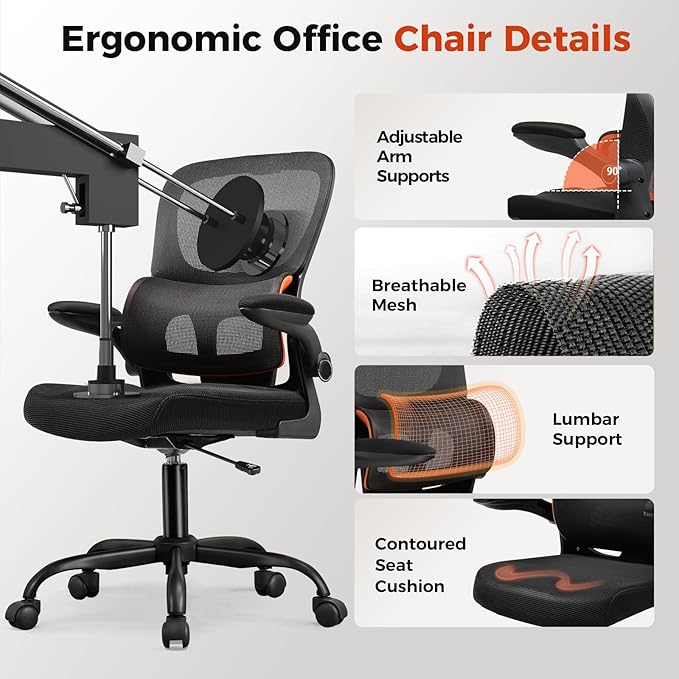 GTRACING Office Chair Ergonomic Desk Chair with 3D Adaptive Lumbar Support, High Back Home Mesh Chair with Flip-Up Arms, Swivel Rolling Computer Seating for Long Desk Work (Black)