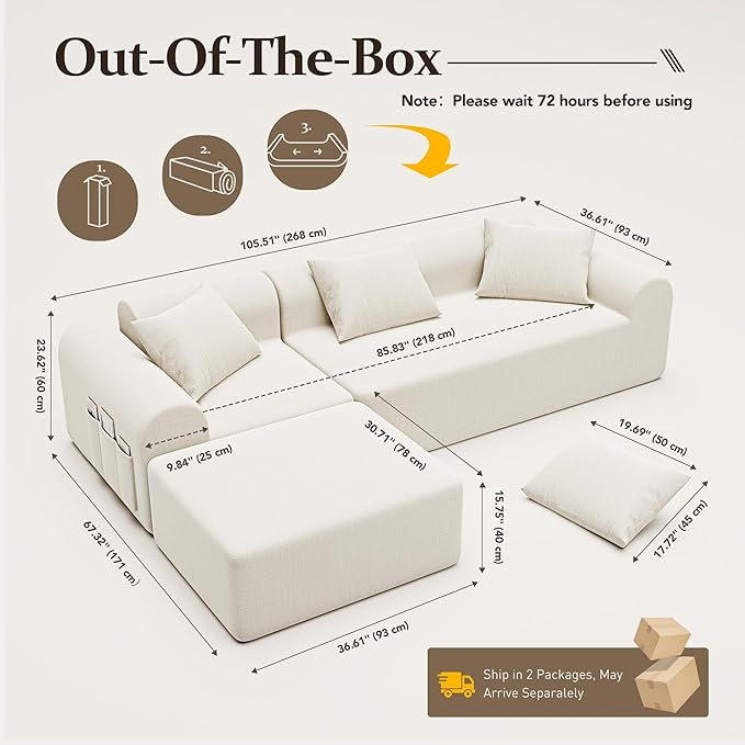 105.5” Cloud Boneless Sectional Sofa for Living Room, L-Shaped 4-Seater Modular Couch with Ottoman & 4 Pillows, Deep Seat Chenille Fabric Sofa, No Assembly, 72H Full Restore, Beige