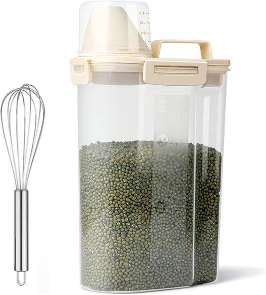 Rice Airtight Dry Food Storage Containers, BPA Free Plastic Storage Bin Dispenser with Pourable Spout, Measuring cup for Cereal, Flour and Baking Supplies, Include a Stainless Steel Whisk