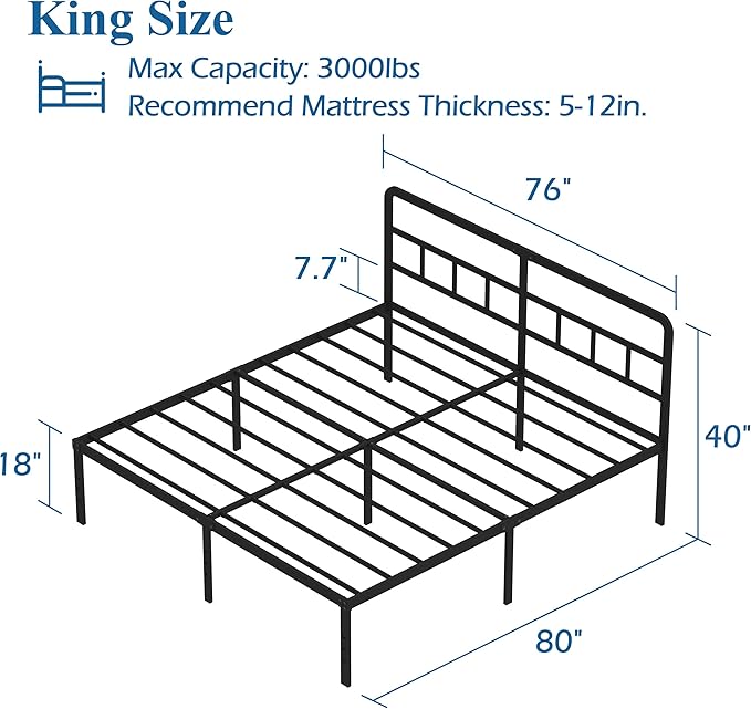 King Size Bed Frame with Headboard, 18 Inch Metal Platform No Box Spring Needed Heavy Duty Steel Slat Mattress Foundation/Easy Assembly/Noise Free/Black