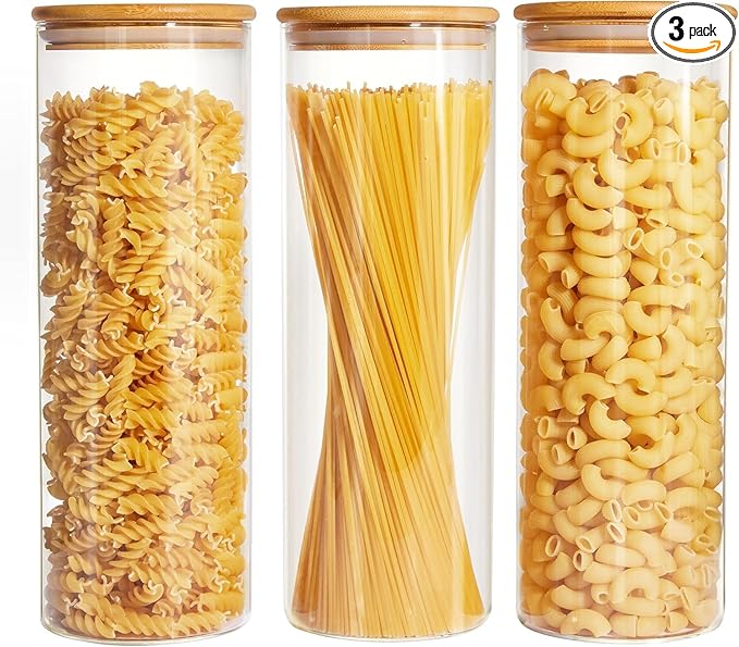 Glass Food Storage Jars with Lids[Set of 3], Perfect for Pasta, Cookies, Nuts, Coffee, Cereal, Flour, and More, Organize Your Kitchen and Pantry with these BPA-Free Glass Canisters