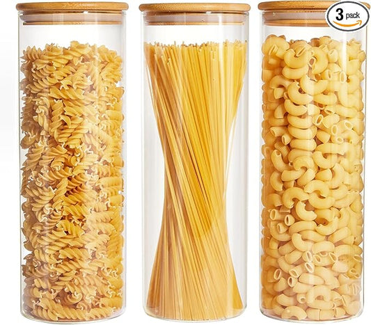 Glass Food Storage Jars with Lids[Set of 3], Perfect for Pasta, Cookies, Nuts, Coffee, Cereal, Flour, and More, Organize Your Kitchen and Pantry with these BPA-Free Glass Canisters