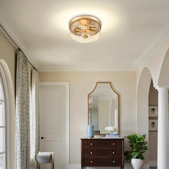 Gold Flush Mount Ceiling Light, 2-Light Hallway Light Fixtures, Modern Farmhouse Farmhouse Ceiling Light Clear Glass Brushed Gold Finish for Kitchen Porch Entryway