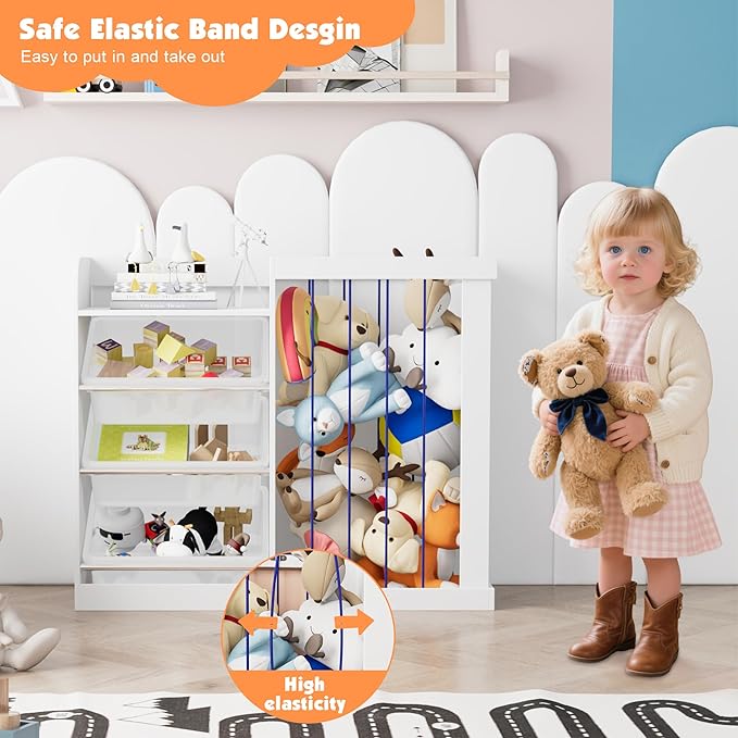 Kids Toy Storage Organizer with 3 Removable Plastic Bins Toddler Montessori Bookshelf with Stuffed Animal Net Holder Baby Bookcase Plush Organizer for Playroom,Bedroom,Kids Room,Classroom,Nursery