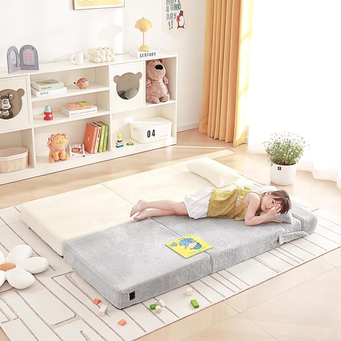 Folding Sofa Bed Floor Mattress for Kids with Pillow, Toddler Washable Folding Floor Nap Mat for Sleeping Daycare, Child Fold Up Sofa Futon Chair Bed with Storage Bag for Girls and Boys