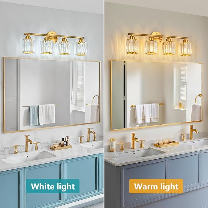 Modern 4 Light Crystal Vanity Light, Brushed Gold Vertical Bathroom Light Fixture Over Mirror for Dressing Table Sink, Compatible with Dimmable Bulbs (Bulbs Not Included)