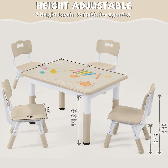 Adjustable Kids Table Chairs Set – Graffiti Desktop, Multi-Activity Height-Adjustable Toddler Study Desk for Ages 3-8 – Ideal for Home, Classroom, Daycare (W-Wood, 4 Chairs-31.5" L x 23.6" W)