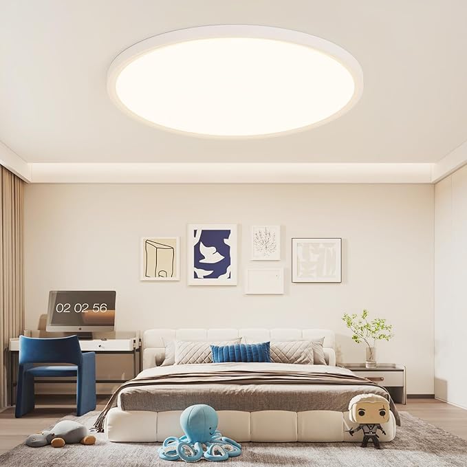 24 Inch Dimmable LED Ceiling Light Fixture, Ultra Thin Flush Mount, 48W 4800Lumen, 3 Color Changeable, Round, White, for Dining Room, Living Room, Bedroom, Office, Hotel