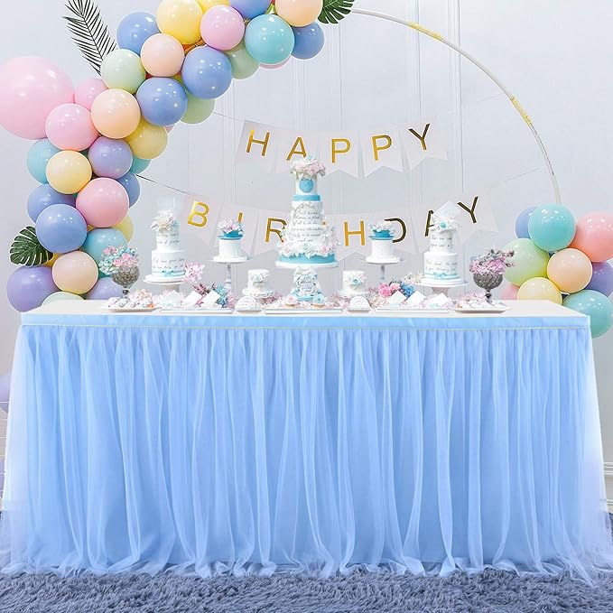 Baby Blue Tulle Table Skirts for Rectangle Tables or Round Tables 9ft Blue Tutu Table Cloth Cover for for Baby Shower Boy Birthday Party Baby Shark Gender Reveal Cake Table Decorations