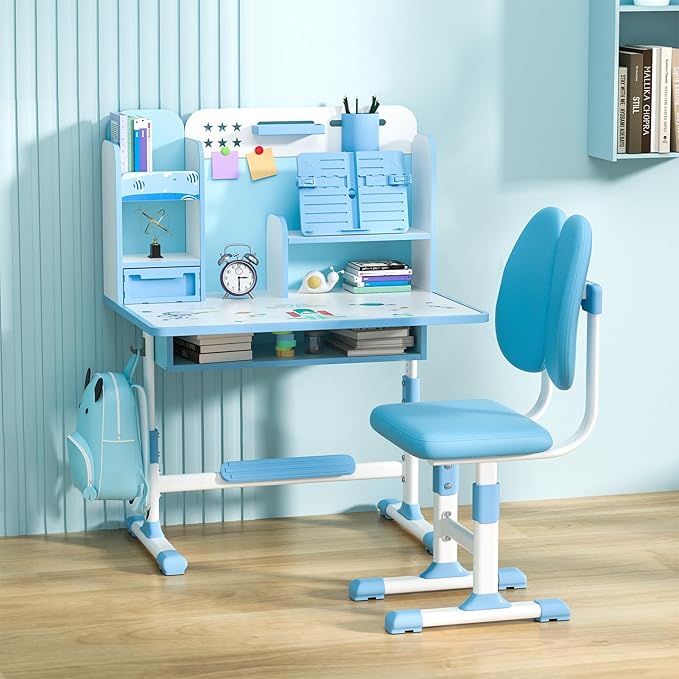 Kids Desk and Chair Set, Height Adjustable Kids Study Table and Chair Set, Children School Desk with Storage Drawer and Book Stand, Ergonomic Child Toddler Deskwith Sitting Posture Corrector (Blue 5)