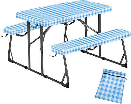 33" L x 20" W x 3" H Bule Grid Picnic Table Cover for Kids, Fitted Tablecloth for Outdoors Oxford Cloth Waterproof Cloth for Camping Home Goods Indoor Outdoor Patio BBQ