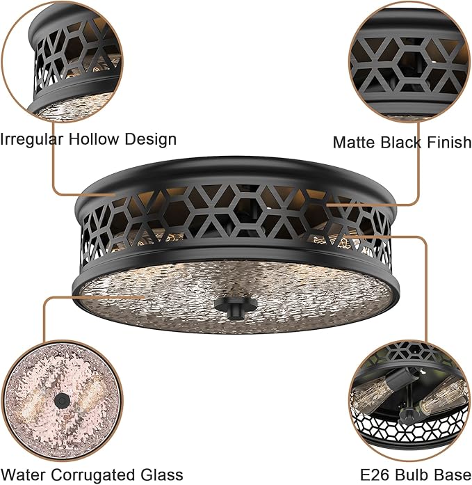 EAPUDUN Flush Mount Ceiling Light, 12 Inch 2 Light Vintage Ceiling Light with Rippled Glass, Black Ceiling Fixture for Hallway Corridor Kitchen Bathroom Bedroom Passway FMA1538-MBK