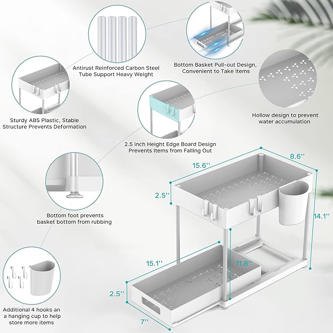 Under Sink Organizers and Storage, 2 Pack Large Capacity Heavy Load Pull-out Under Sink Shelves with Sliding Drawer for Kitchen and Bathroom, White
