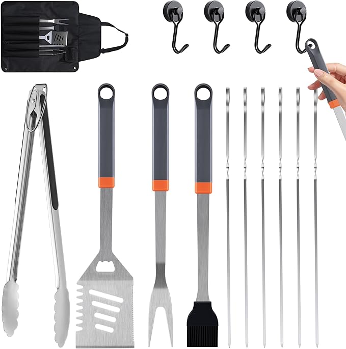 15-Piece Grill Set, BBQ Grilling Accessories with Tongs & Spatula, Stainless Steel Grill Utensils Set with Hooks & Storage Apron for Outdoor Cooking, Camping, Practical Gifts for Men Dad