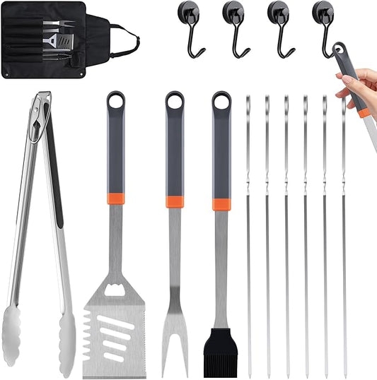 15-Piece Grill Set, BBQ Grilling Accessories with Tongs & Spatula, Stainless Steel Grill Utensils Set with Hooks & Storage Apron for Outdoor Cooking, Camping, Practical Gifts for Men Dad